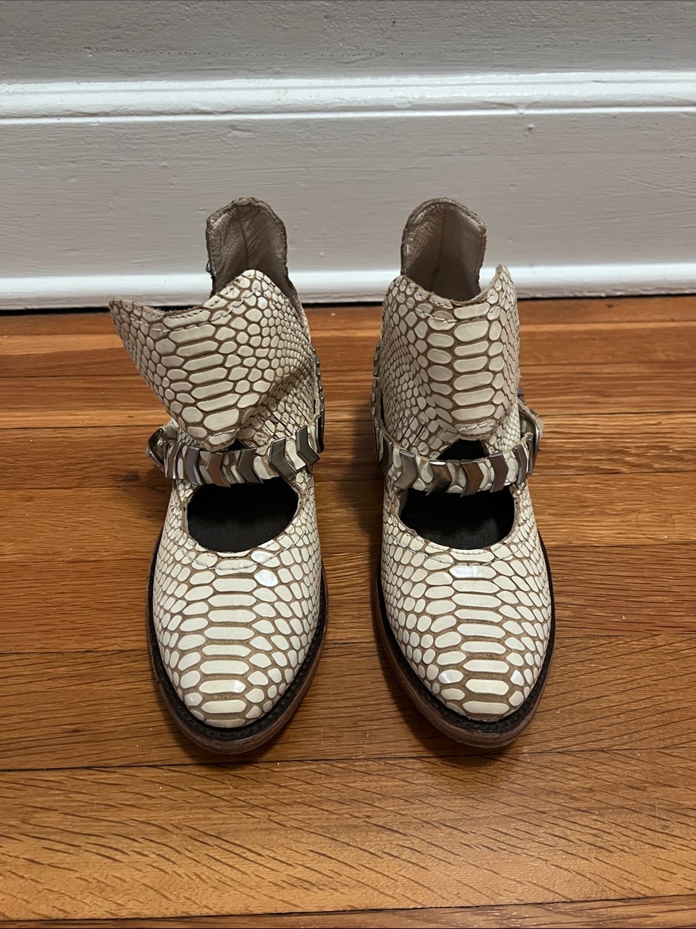 Freebird by Steven “Blade” Cream Snakeskin-Print Ankle Booties